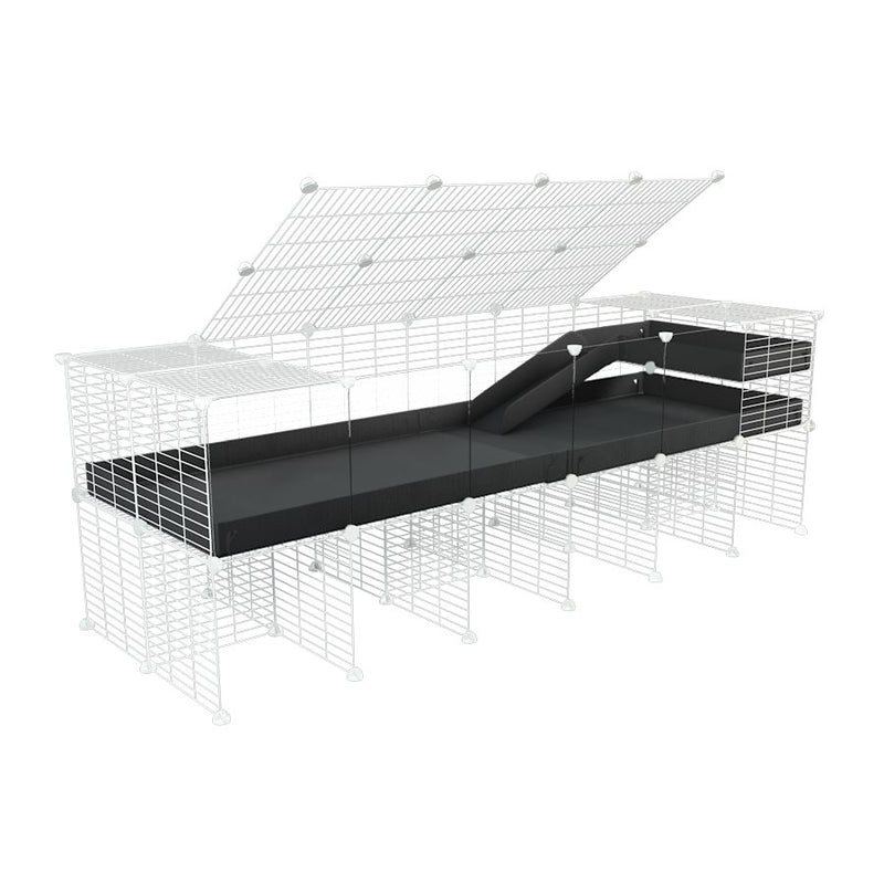 une cavy cage 6x2 avec panneaux transparents en plexiglass  pour cochons d'inde avec rehausseur couvercle loft rampe coroplast noir et grilles blanches kavee