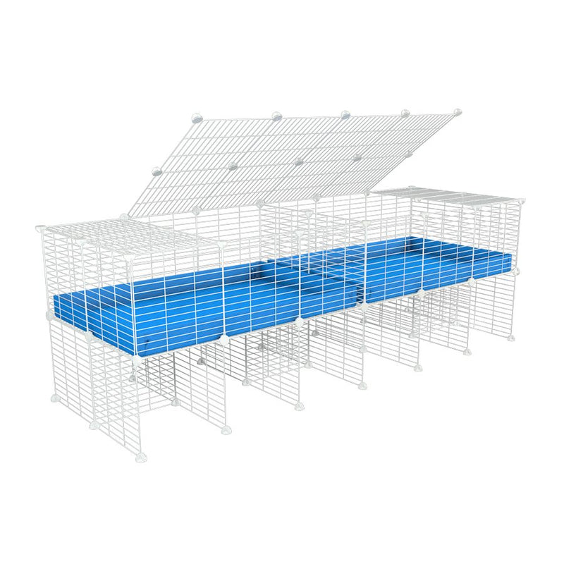 une cavy cage blanche 6x2 stand avec couvercle et separation pour cochons d'inde qui se battent ou en quarantaine avec coroplast bleu kavee