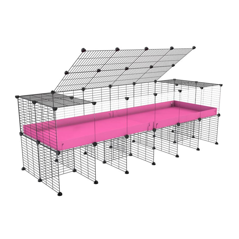 une kavee cage 6x2 avec panneaux transparents en plexiglass pour cochons d'inde avec rehausseur couvercle correx rose et grilles fines