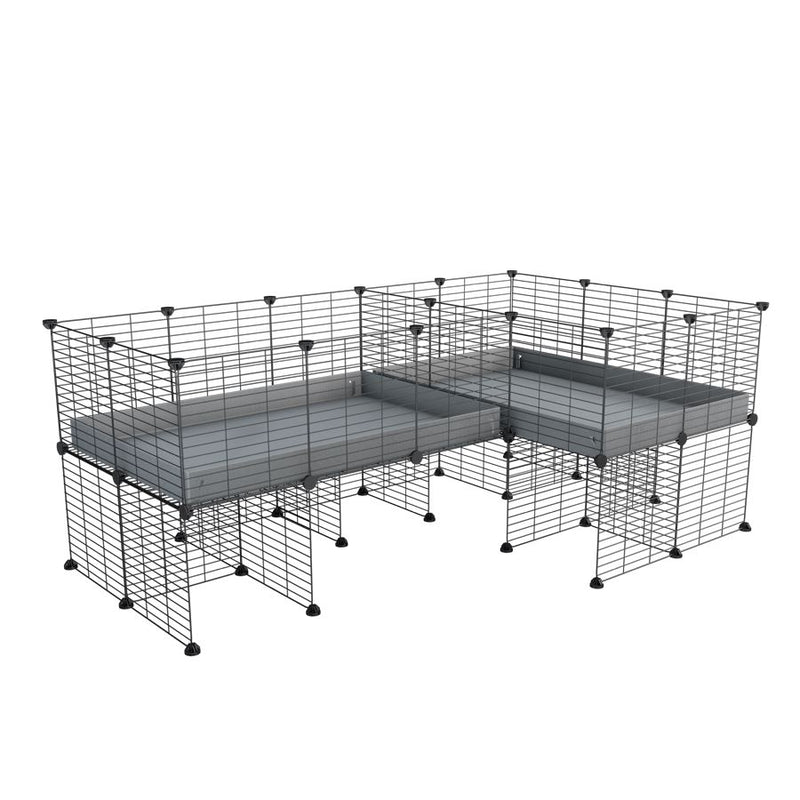 une cavy cage 6x2 en L avec stand avec separation pour cochons d'inde qui se battent ou en quarantaine avec coroplast gris kavee