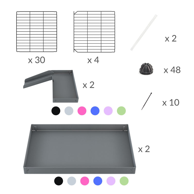 composition du kit pour une cavy cage de quarantaine 6x2 loft couvercle pour cochons d'inde kavee incluant grilles et coroplast et connecteurs