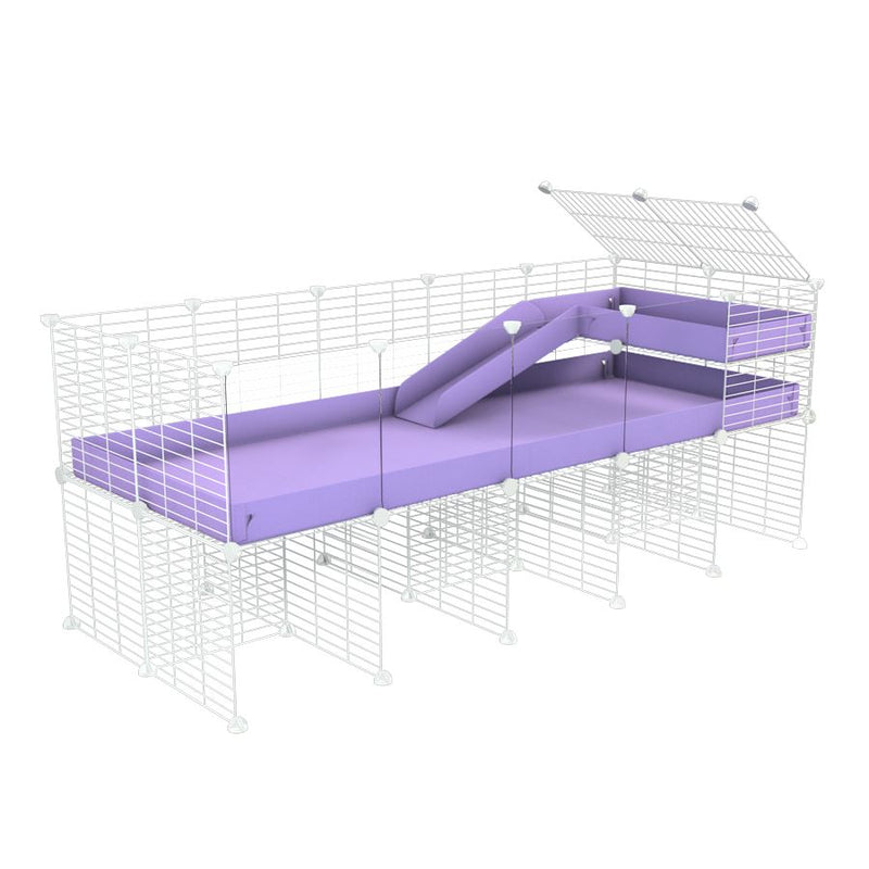 une kavee cage 5x2 avec panneaux transparents en plexiglass  pour cochons d'inde avec rehausseur loft rampe coroplast violet lilas et grilles blanches a petits trous