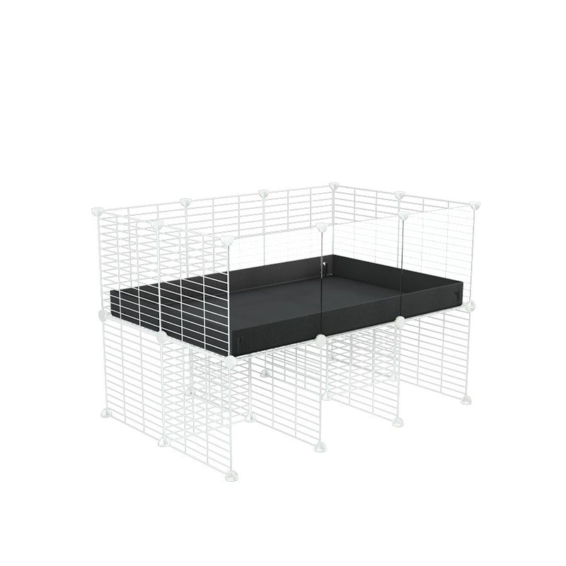 une kavee cage C&C 3x2 avec panneaux transparents en plexiglass  pour cobayes cochons d'inde avec rehausseur correx noir et grilles blanches fines