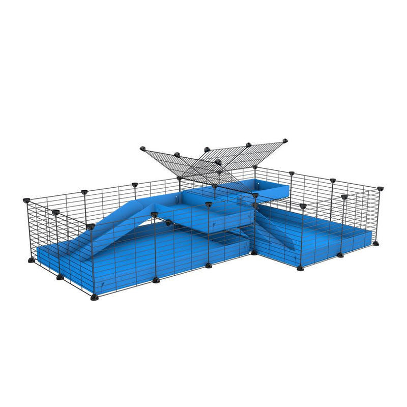 une cavy cage 6x2 en L avec loft avec separation pour cochons d'inde qui se battent ou en quarantaine avec coroplast bleu kavee