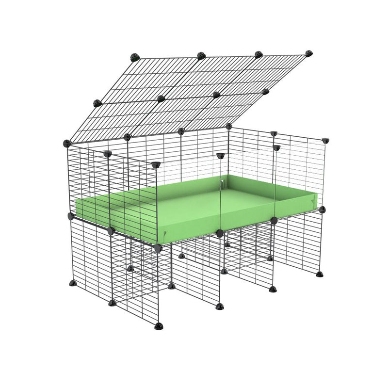 une cavy cage 3x2 pour cochons d'inde  avec panneaux transparents en plexiglass avec rehausseur couvercle correx vert pistache et grilles fines de kavee france