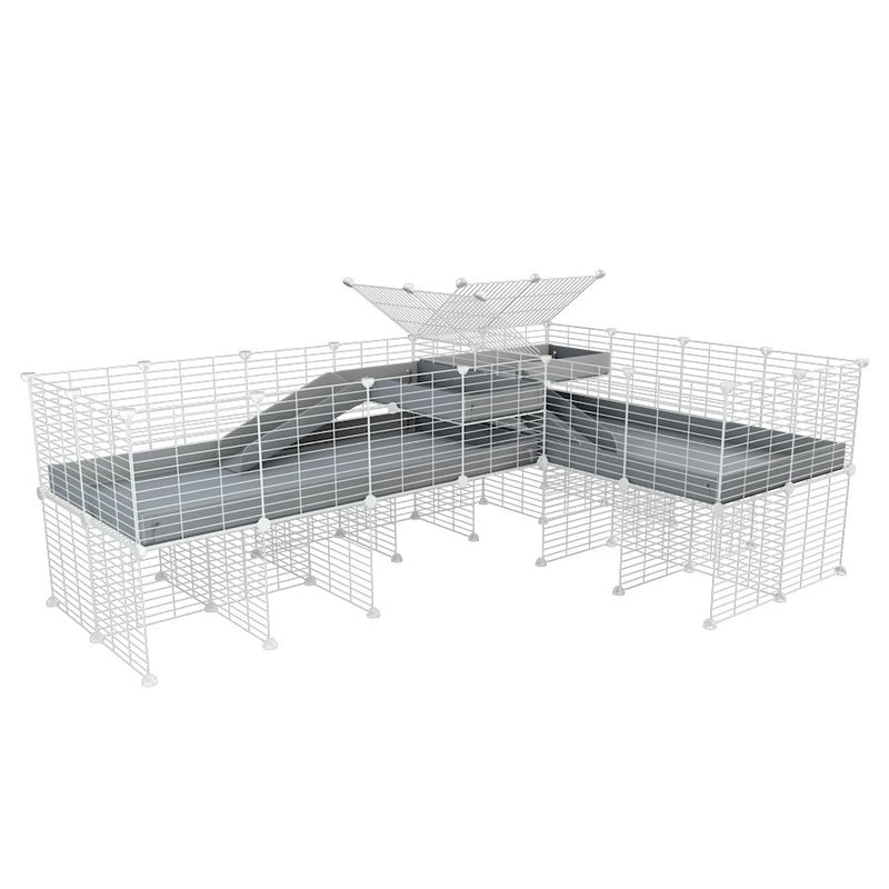 une cavy cage blanche 8x2 de coin avec stand et loft avec separation pour cochons d'inde qui se battent ou en quarantaine avec coroplast gris kavee