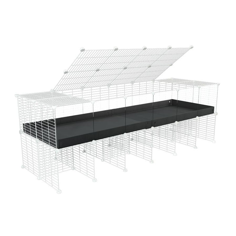 une cavy cage 6x2 avec panneaux transparents en plexiglass  pour cochons d'inde avec rehausseur couvercle correx noir et grilles blanches fines de kavee