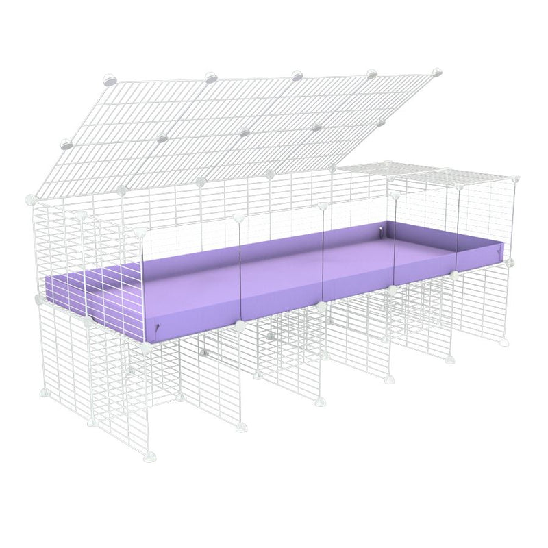 une cavy cage 5x2 avec panneaux transparents en plexiglass  pour cochons d'inde avec rehausseur couvercle correx violet lilas et grilles blanches fines de kavee france