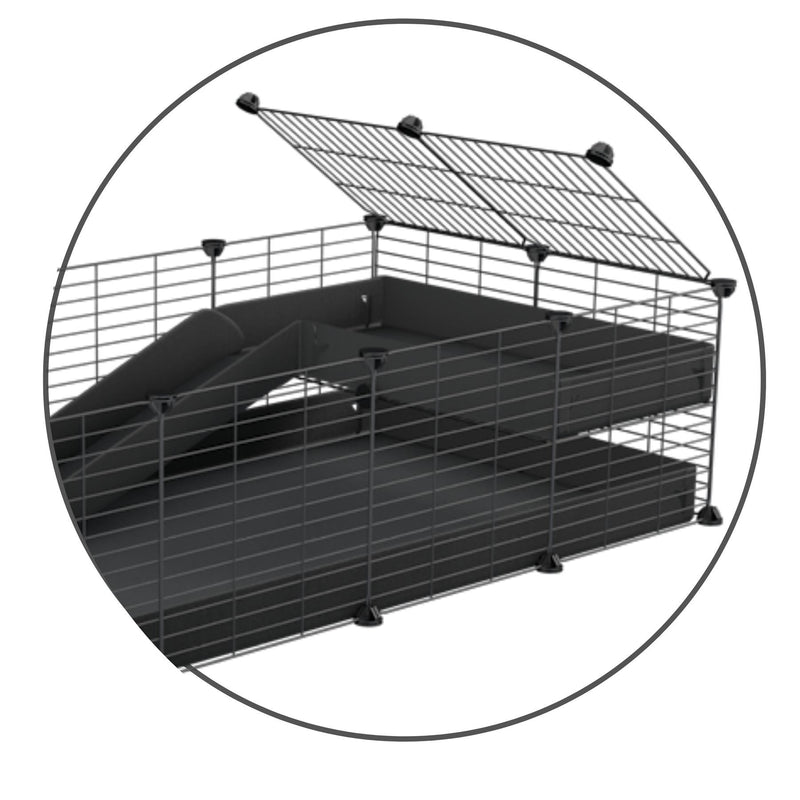 Un kit pour ajouter une rampe et un loft 2x1 a sa cavy cage kavee avec coroplast noir et grilles sans danger