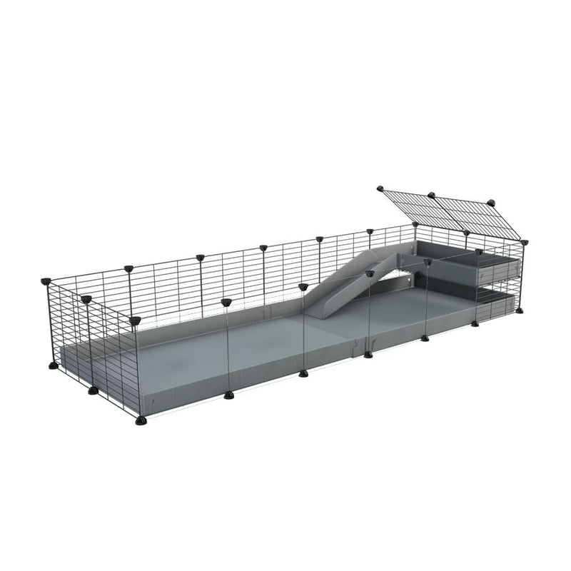 une cavy cage 6x2  avec panneaux transparents en plexiglass pour cochons d'inde avec une rampe un loft un coroplast gris et grilles fines sans danger de kavee
