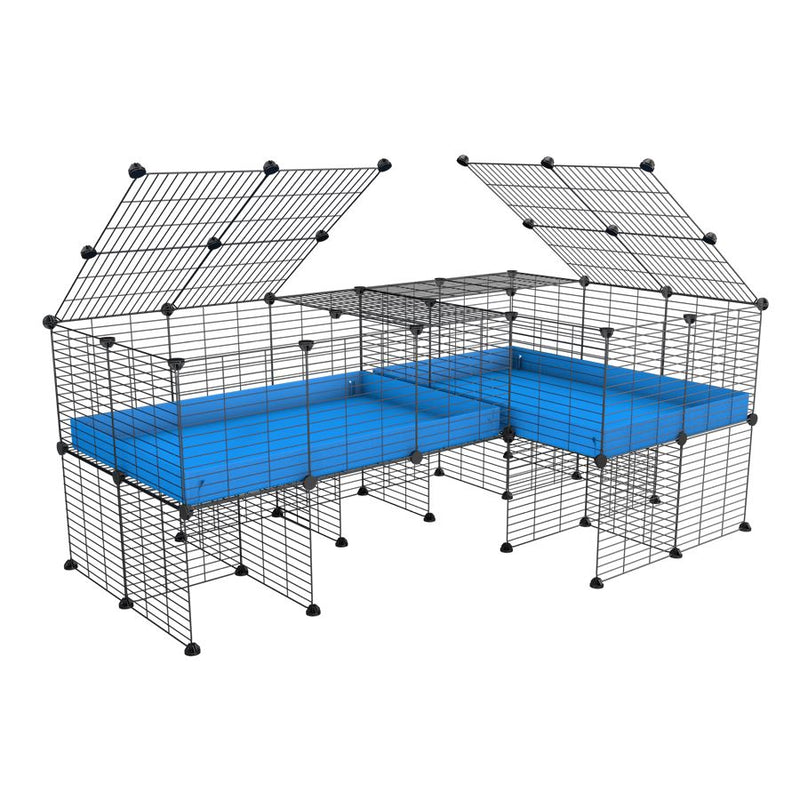 une cavy cage 6x2 en L avec stand avec couvercle et separation pour cochons d'inde qui se battent ou en quarantaine avec coroplast bleu kavee
