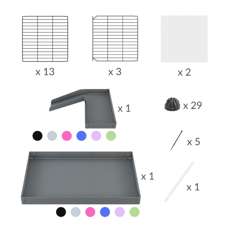 composition d'une cavy C&C cage 3x2 pour cochons d'inde avec panneaux transparents en plexiglass  avec une rampe un loft un couvercle un coroplast rose et grilles fines pour bebes