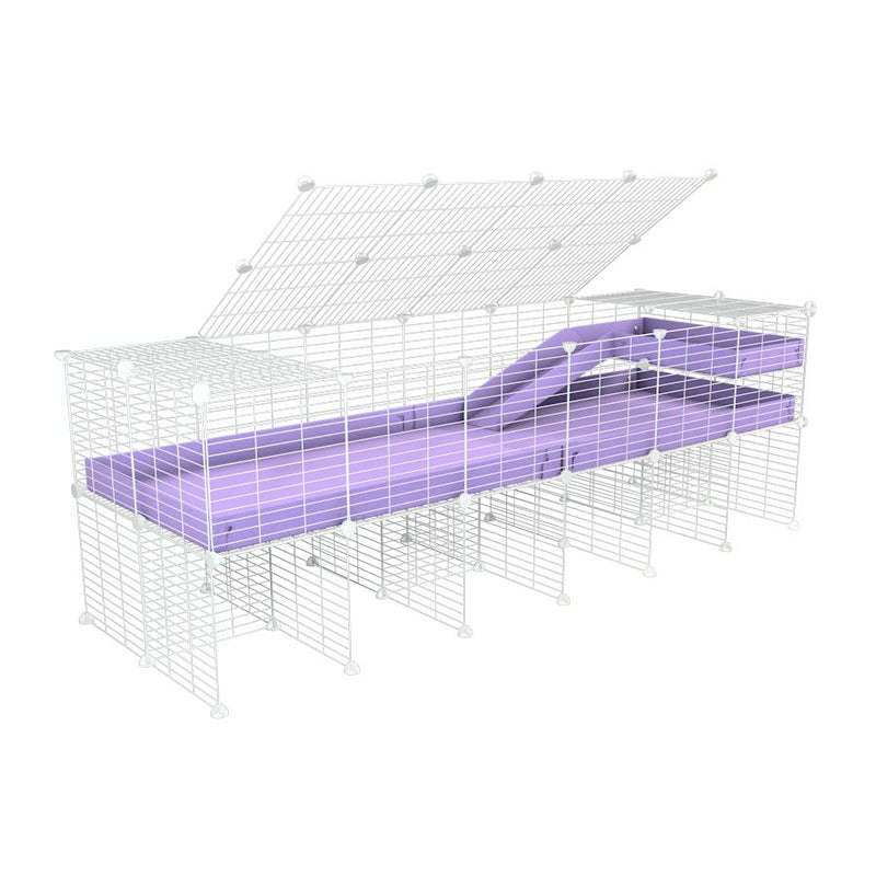 une kavee cage 6x2 pour cochons d'inde avec rehausseur couvercle loft rampe coroplast violet lilas et grilles blanches fines