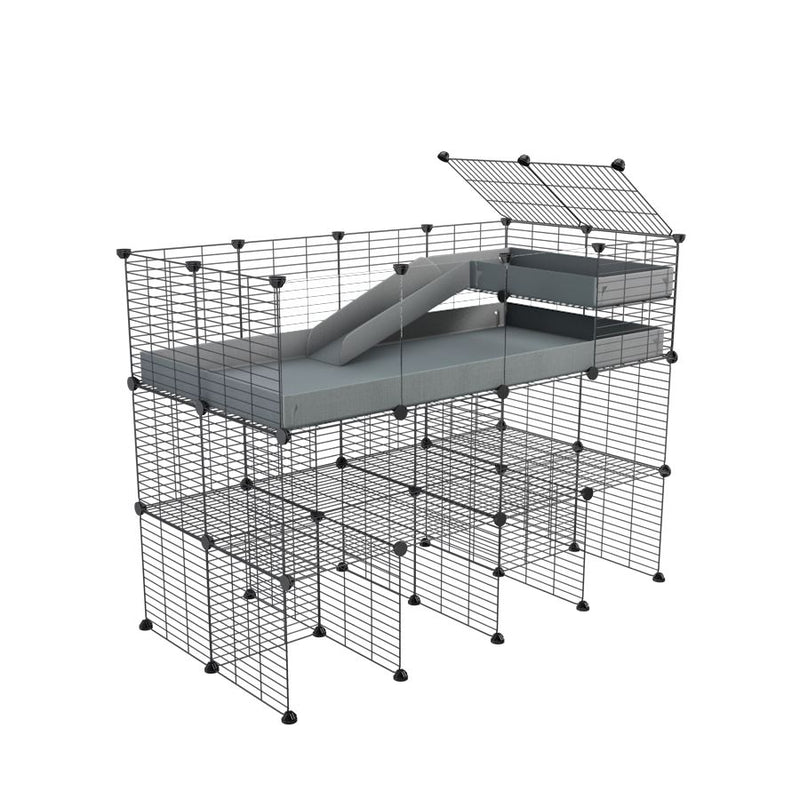 une kavee cage 4x2 pour cochons d'inde avec trois etages loft rampe coroplast gris et grilles sans danger pour bebes avec panneaux transparents en plexiglass 