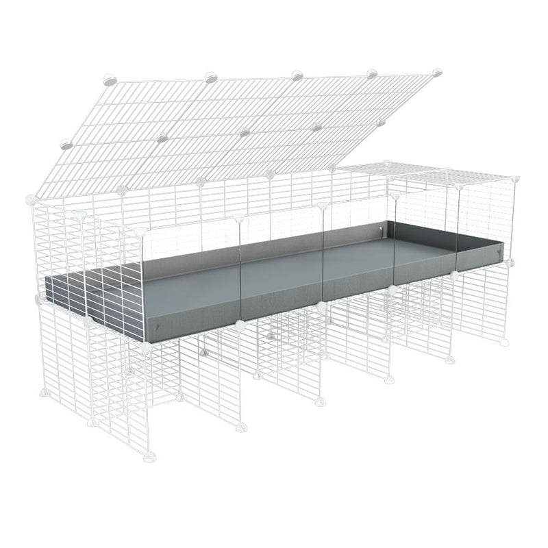 une cavy cage 5x2 avec panneaux transparents en plexiglass  pour cochons d'inde avec rehausseur couvercle correx gris et grilles blanches fines de kavee france