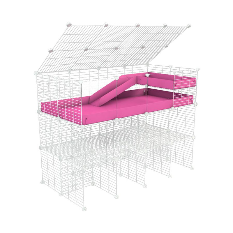 une kavee cage 4x2 pour cochons d'inde  avec panneaux transparents en plexiglass avec trois etages rampe couvercle coroplast rose et grilles blanches fines