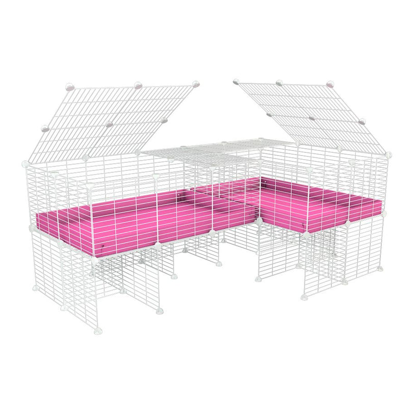 une cavy cage blanche 6x2 en L avec stand avec couvercle et separation pour cochons d'inde qui se battent ou en quarantaine avec coroplast rose kavee