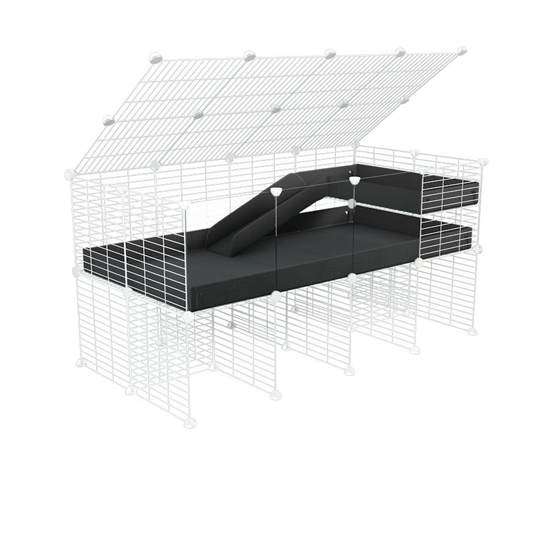 une cavy cage 4x2 avec panneaux transparents en plexiglass  pour cochons d'inde avec rehausseur couvercle loft rampe coroplast noir et grilles blanches kavee