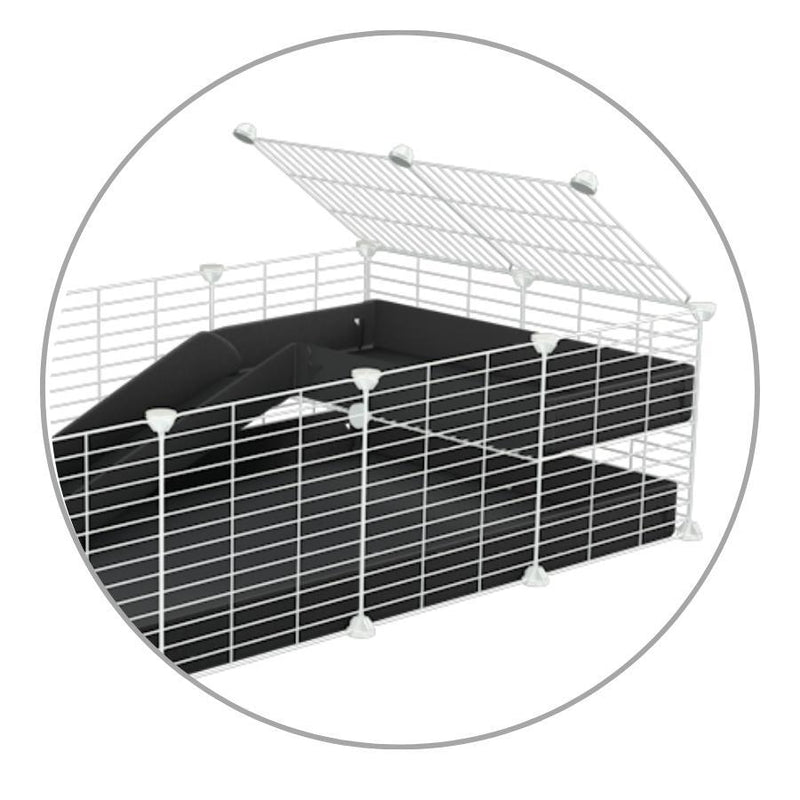 Un kit pour ajouter une rampe et un loft 2x1 a sa cavy cage kavee avec coroplast noir et grilles blanches sans danger