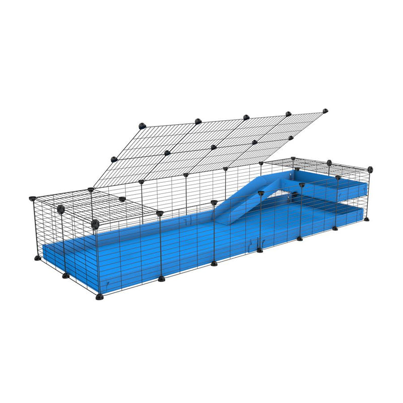 une cavy C&C cage 6x2 pour cochons d'inde avec une rampe un toit un coroplast bleu et grilles fines pour bebes