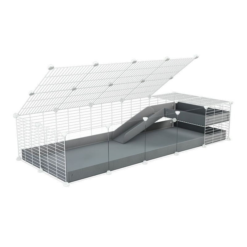 une cavy C&C cage 5x2 avec panneaux transparents en plexiglass  pour cochons d'inde avec une rampe un loft un couvercle un coroplast gris et grilles blanches
