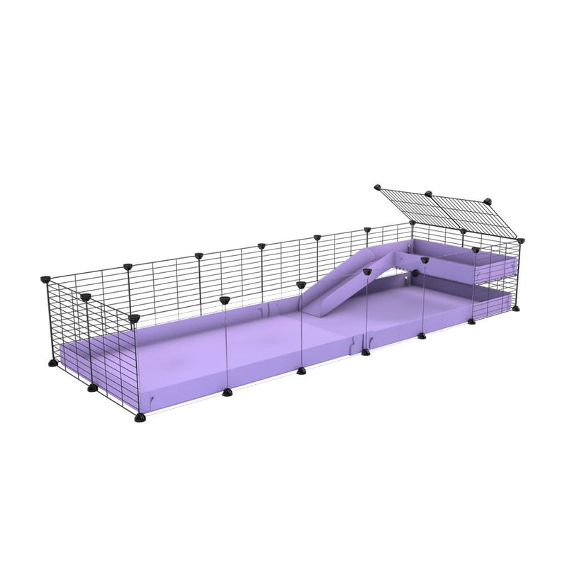 une cavy cage 6x2  avec panneaux transparents en plexiglass pour cochons d'inde avec une rampe un loft un coroplast violet lilas et grilles fines sans danger de kavee
