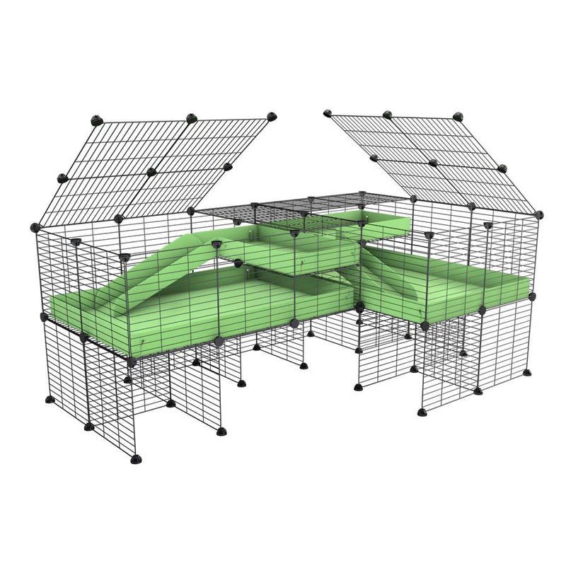 une cavy cage 6x2 en L avec stand et loft avec couvercle et separation pour cochons d'inde qui se battent ou en quarantaine avec coroplast vert kavee