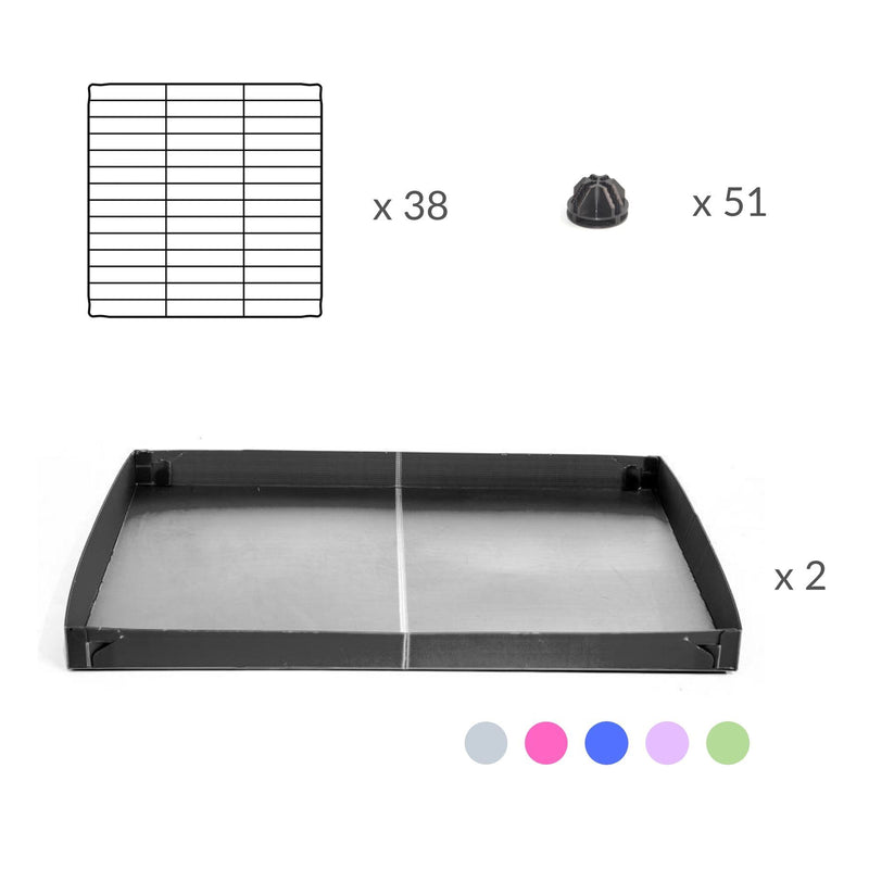 composition d'Une kavee cage double deux etages 4x2 pour cochons d'inde avec coroplast vert et grilles sans danger pour bebes