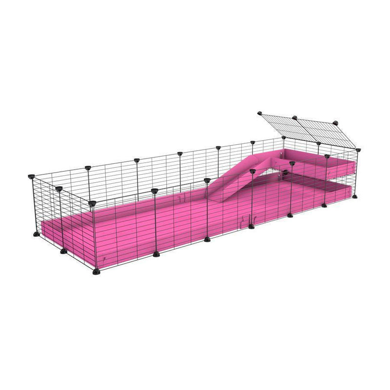 une kavee cage 6x2 pour cochons d'inde avec une rampe un loft un coroplast rose et grilles fines sans danger