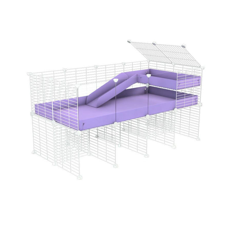 une kavee cage 4x2 avec panneaux transparents en plexiglass  pour cochons d'inde avec rehausseur loft rampe coroplast violet lilas et grilles blanches fines