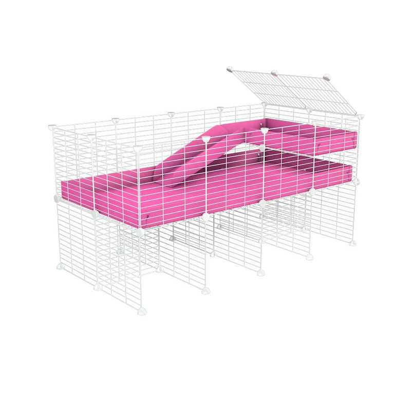 une cavy cage 4x2 pour cochons d'inde avec rehausseur loft rampe coroplast rose et grilles blanches de kavee france