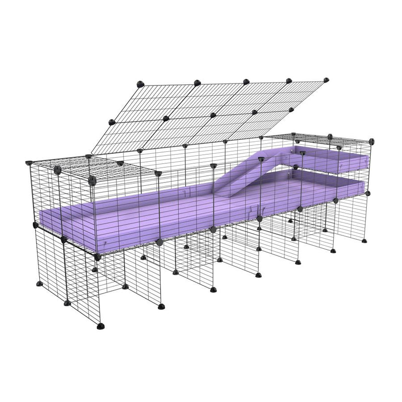 une kavee cage 6x2 pour cochons d'inde avec rehausseur couvercle loft rampe coroplast violet lilas et grilles fines