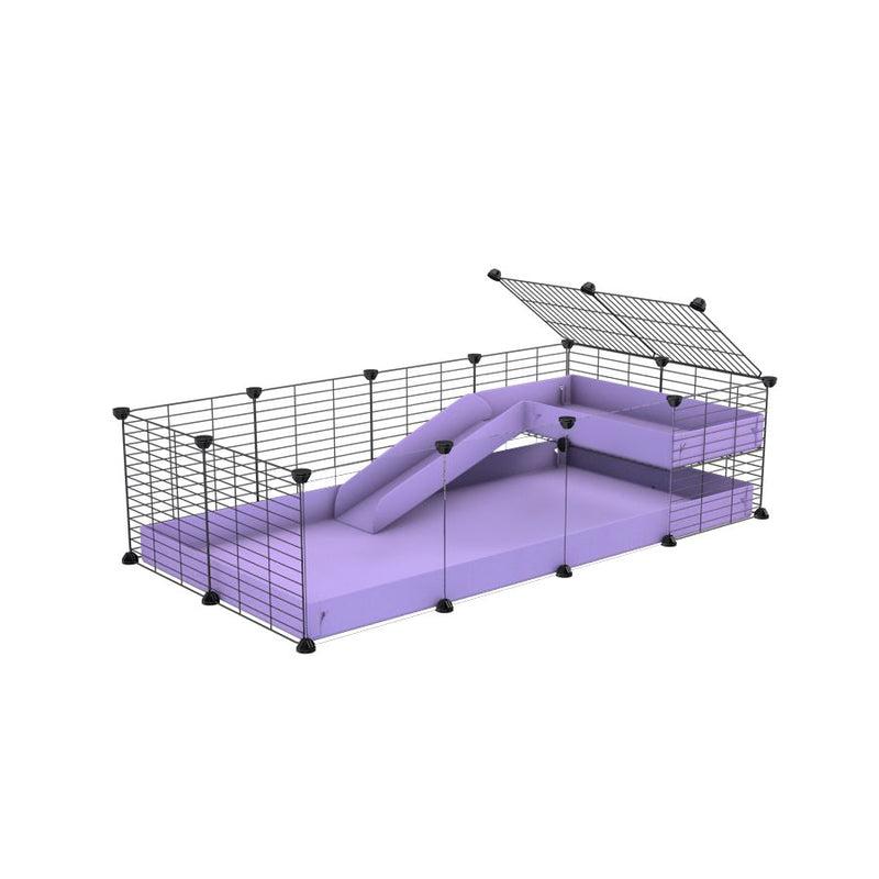 une cavy cage 4x2  avec panneaux transparents en plexiglass pour cochons d'inde avec une rampe un loft un coroplast violet lilas et grilles fines sans danger de kavee