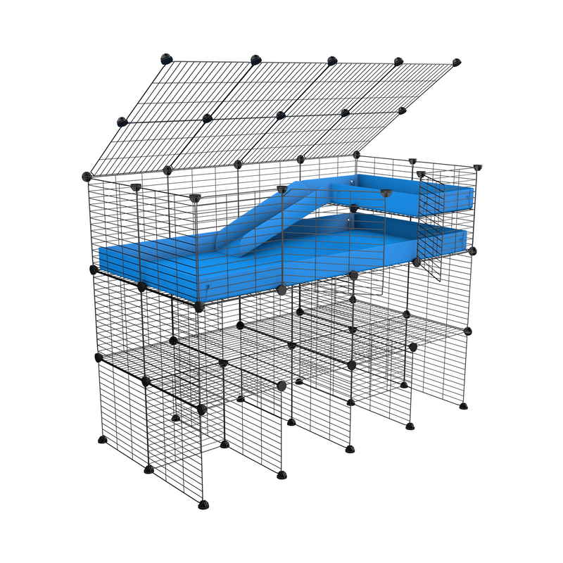 une cavy cage 2x4 pour cochons d'inde avec double rehausseur couvercle loft rampe coroplast gris et grilles barreaux etroits de kavee