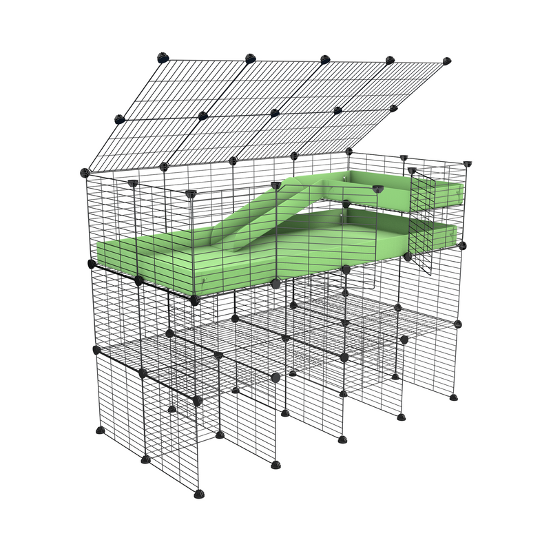 une kavee cage 4x2 pour cochons d'inde avec double rehausseur couvercle loft rampe coroplast vert pastel et grilles fines