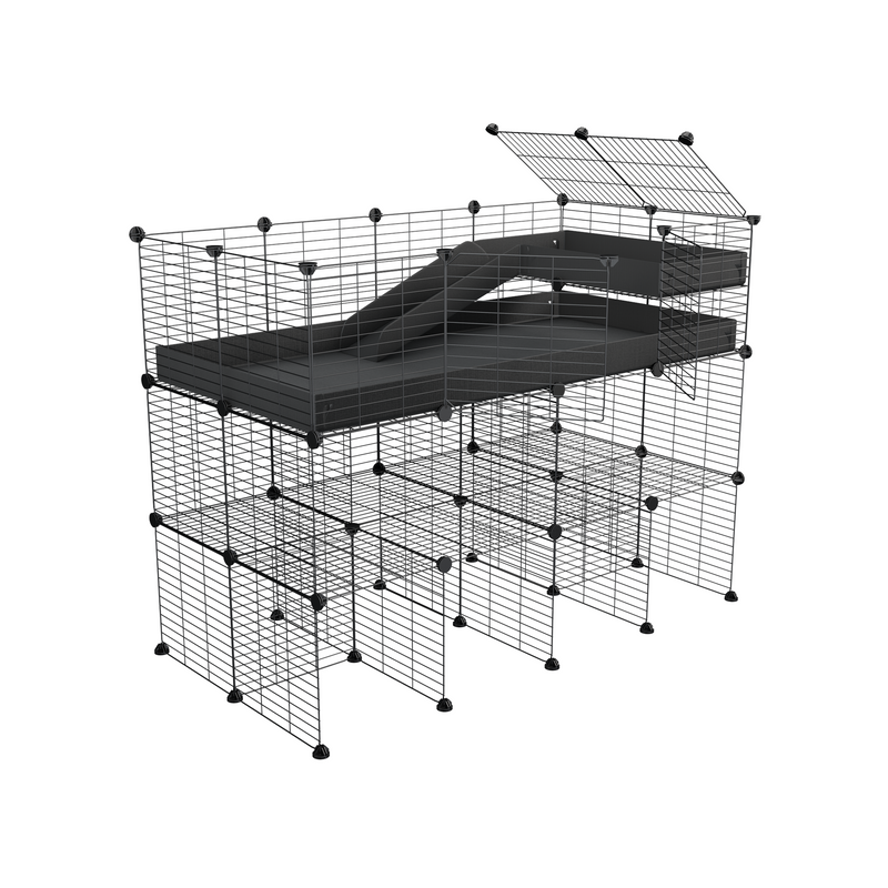 une kavee cage 4x2 pour cochons d'inde avec trois etages loft rampe coroplast noir et grilles fines sans danger pour bebes