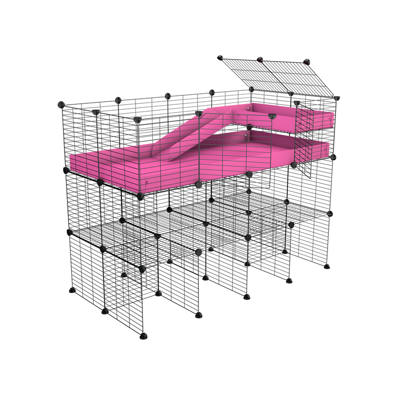 une kavee cage 4x2 pour cochons d'inde avec trois etages loft rampe coroplast rose et grilles fines