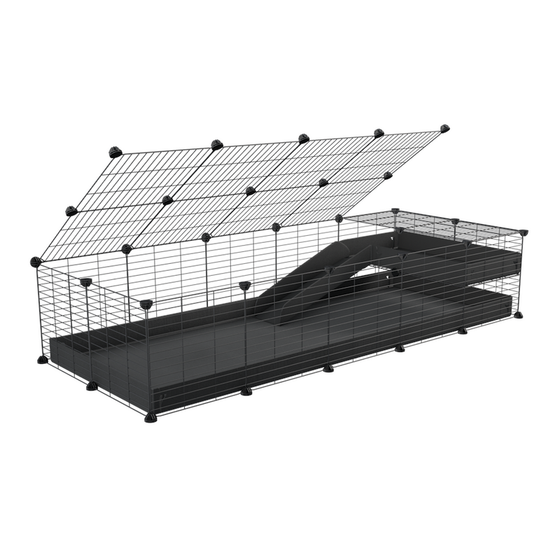 une kavee cage 5x2 pour cochons d'inde avec une rampe un loft un couvercle un coroplast violet lilas et grilles pour bebes