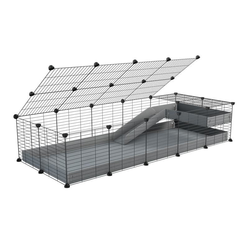 une cavy C&C cage 5x2 pour cochons d'inde avec une rampe un loft un couvercle un coroplast gris et grilles fines pour bebes