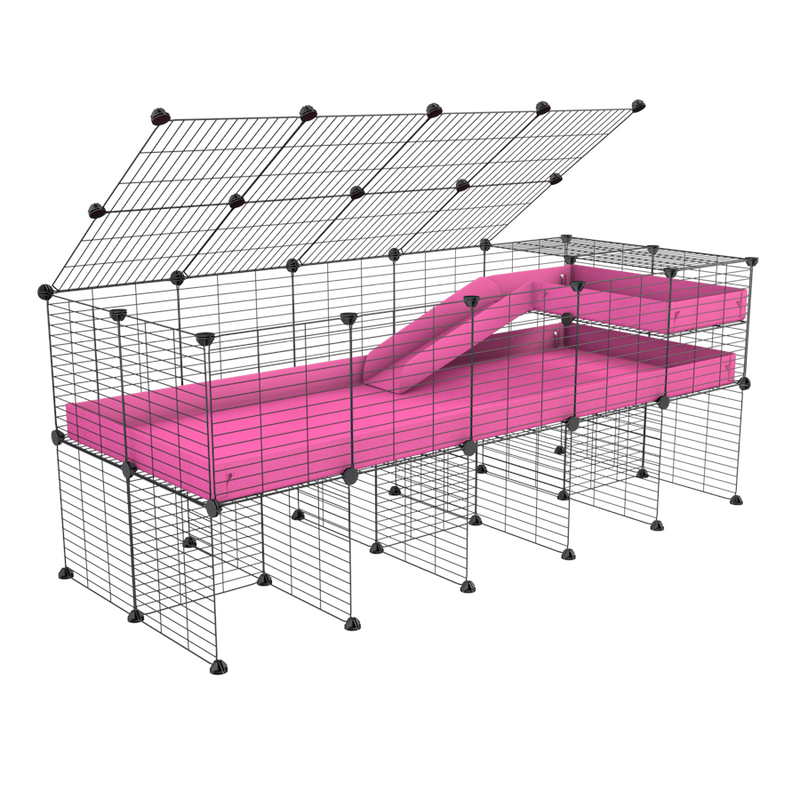 une cavy cage 5x2 pour cochons d'inde avec rehausseur couvercle loft rampe coroplast rose et grilles fines de kavee france