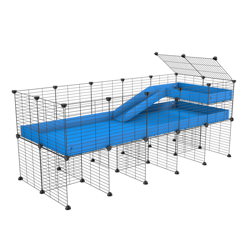une kavee cage 5x2 pour cochons d'inde avec rehausseur loft rampe coroplast bleu et grilles fines petits trous