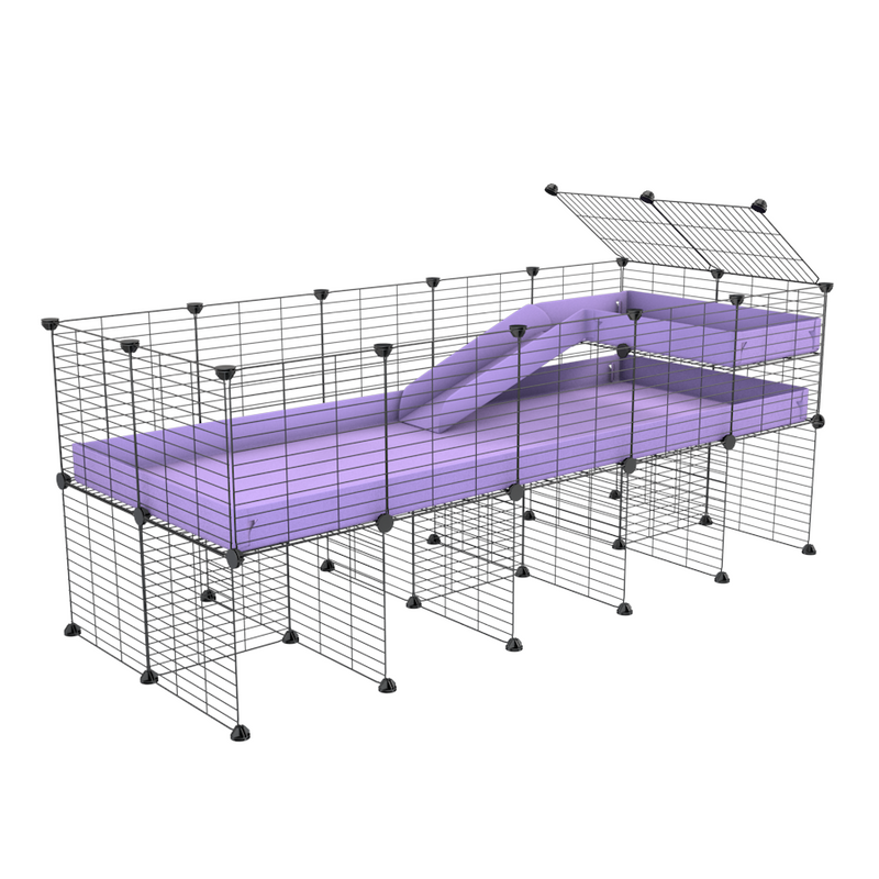 une kavee cage 5x2 pour cochons d'inde avec rehausseur loft rampe coroplast violet lilas et grilles a petits trous