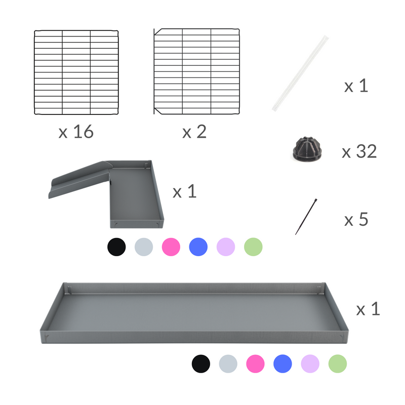 composition d'une cavy cage 5x2 pour cochons d'inde avec une rampe un loft un coroplast vert pistache et grilles fines sans danger de kavee