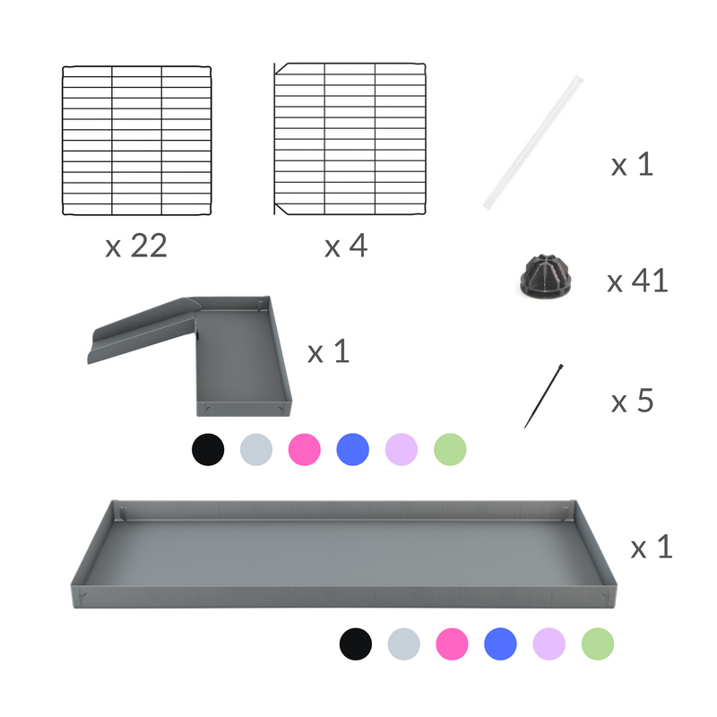 materiel pour une cavy C&C cage 5x2 pour cochons d'inde avec une rampe un loft un couvercle un coroplast gris et grilles fines pour bebes