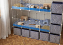 Une cavy cage double blanche deux etages 4x2 pour cochons d'inde avec etageres et stand coroplast bleu Kavee