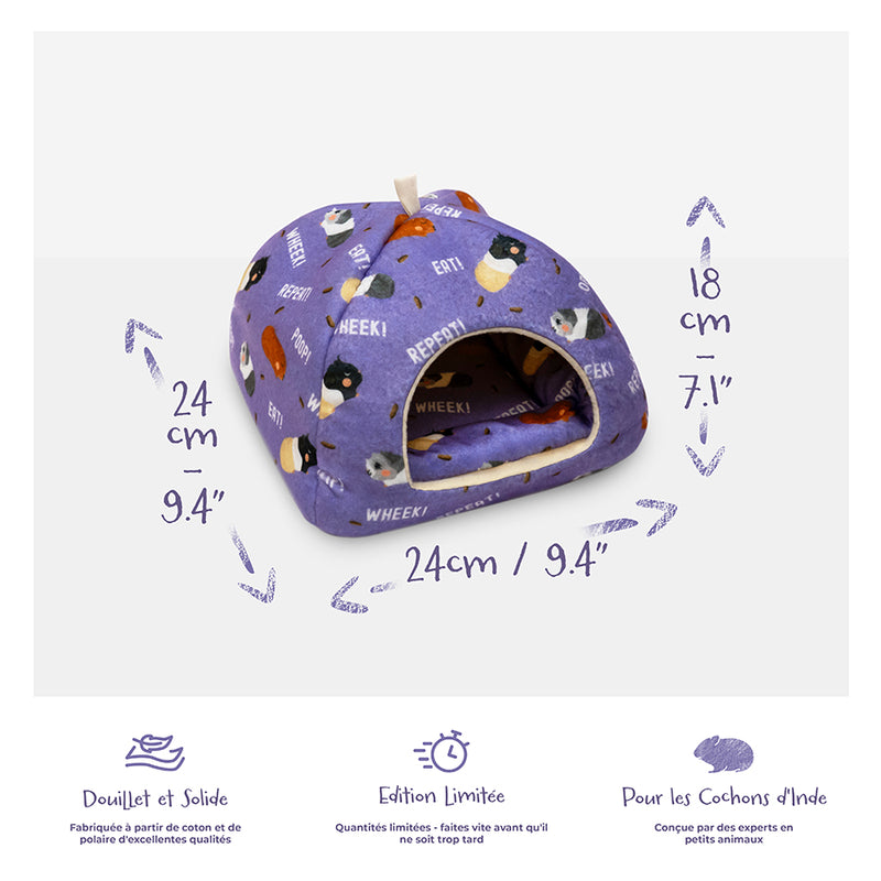maison violette aux motifs caca pour cochon d'inde de la marque Kavee sur fond gris clair avec ses dimensions et ses avantages