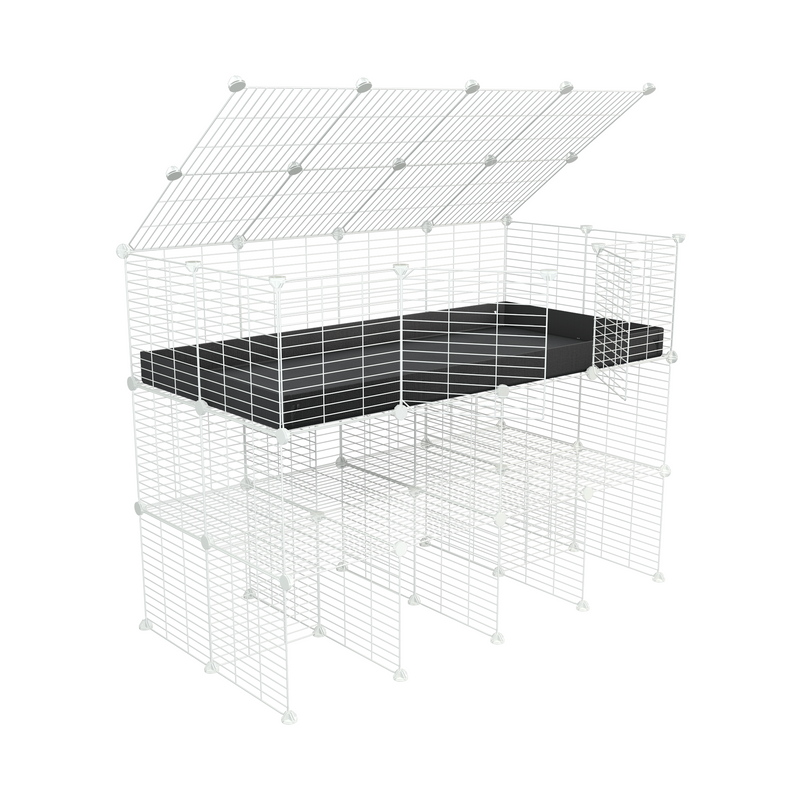une kavee cage C&C 4x2 pour cobayes cochons d'inde avec double rehausseur correx noir et grilles blanches maillage fin