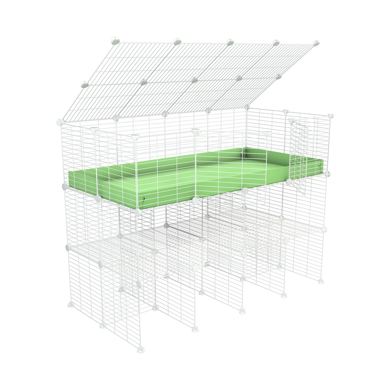 une kavee cage C&C 4x2 pour cobayes cochons d'inde avec double rehausseur correx vert pistache et grilles blanches maillage fin