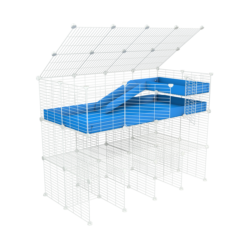 une kavee cage 4x2 pour cochons d'inde avec trois etages rampe couvercle coroplast gris et grilles blanches fines