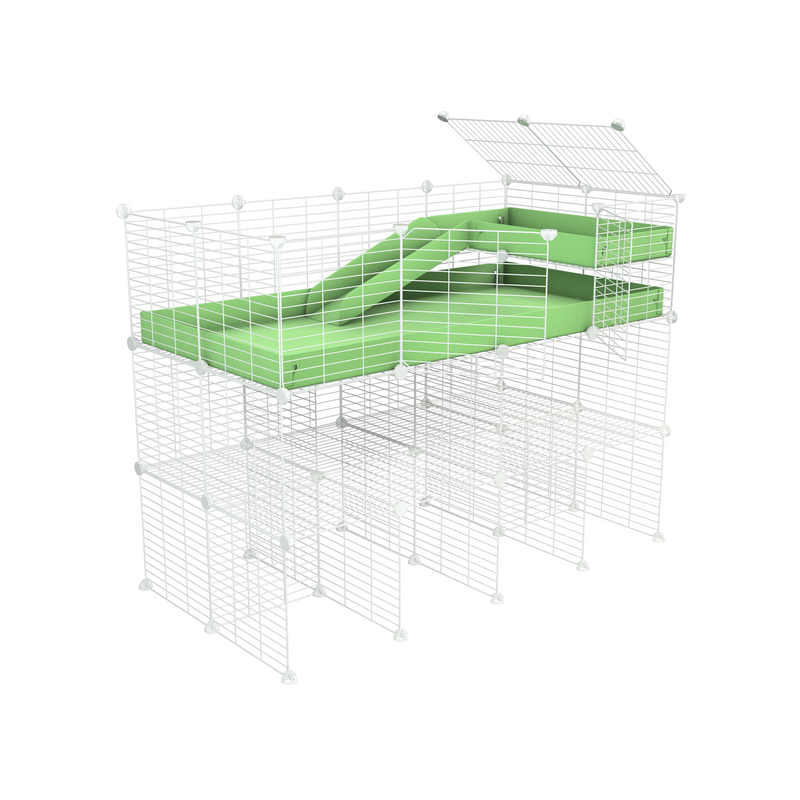 une kavee cage 4x2 pour cochons d'inde avec double rehausseur loft rampe coroplast vert pastel et grilles blanches fines